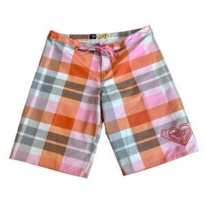 ROXY peach orange pink plaid check surfboard shorts Sz XL/32